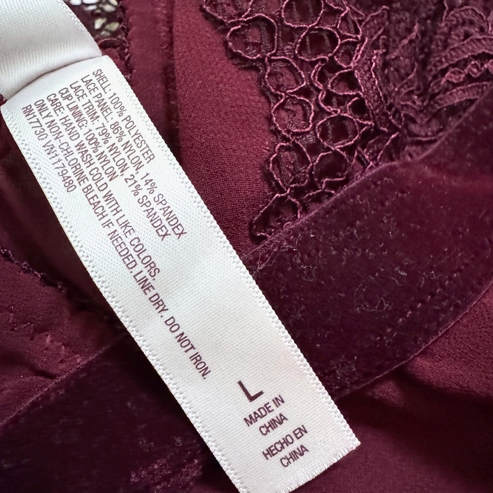 Gilligan & O'Malley Babydoll Large Burgundy Lace Velvet T-Back Chemise Lingerie - Picture 4 of 5